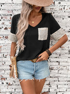 Sequin V-Neck Short Sleeve T-Shirt
