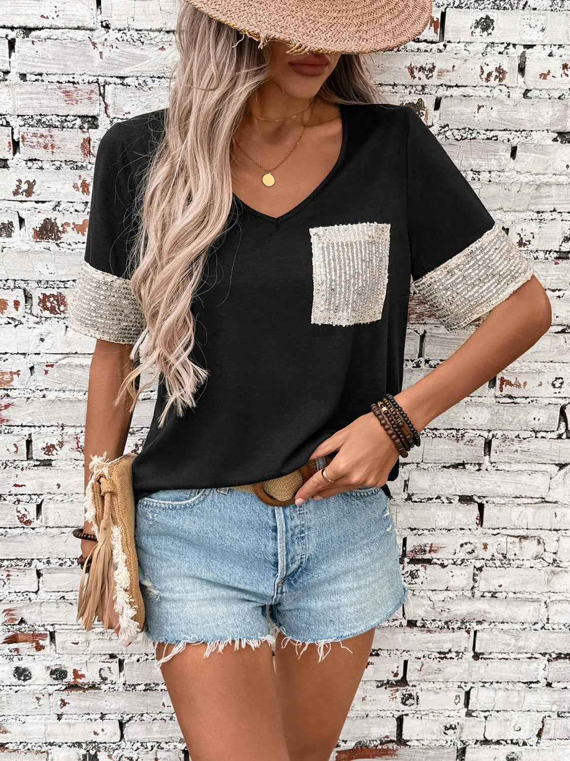 Sequin V-Neck Short Sleeve T-Shirt
