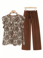 Printed Ruffled Cap Sleeve Top and Pants Set