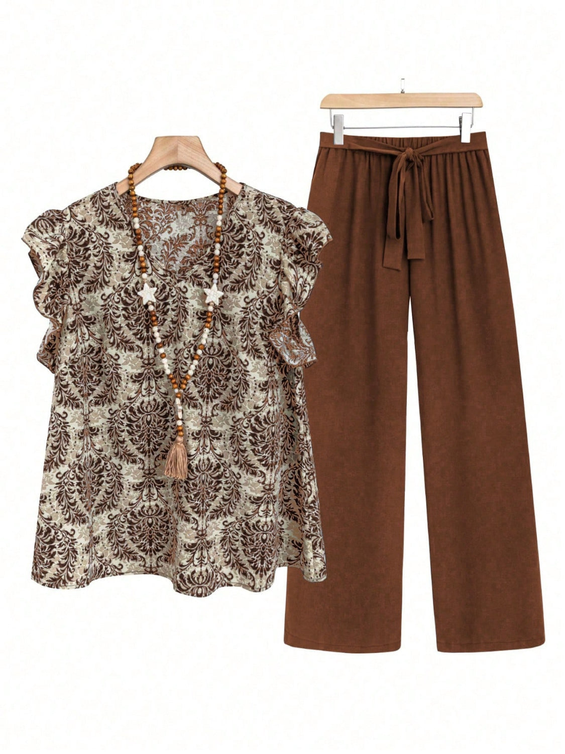 Printed Ruffled Cap Sleeve Top and Pants Set - felvior