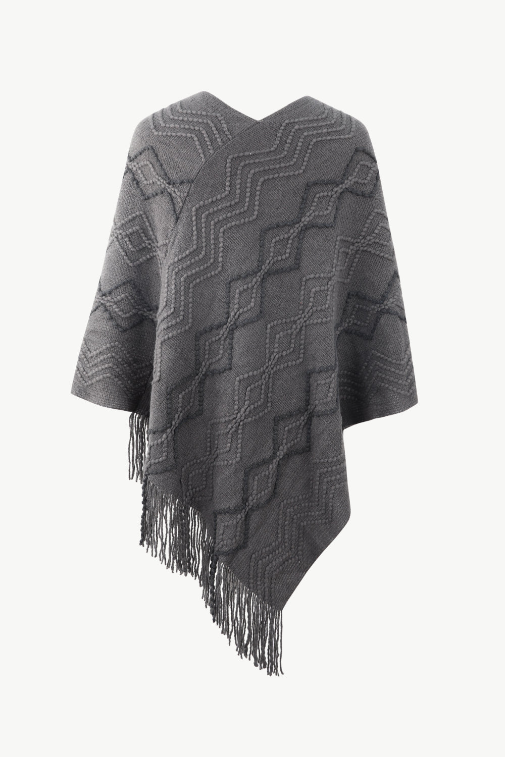 Pearl Trim V-Neck Fringe Hem Poncho - felvior
