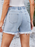 Distressed Pearl Trim Denim Shorts with Pockets - felvior