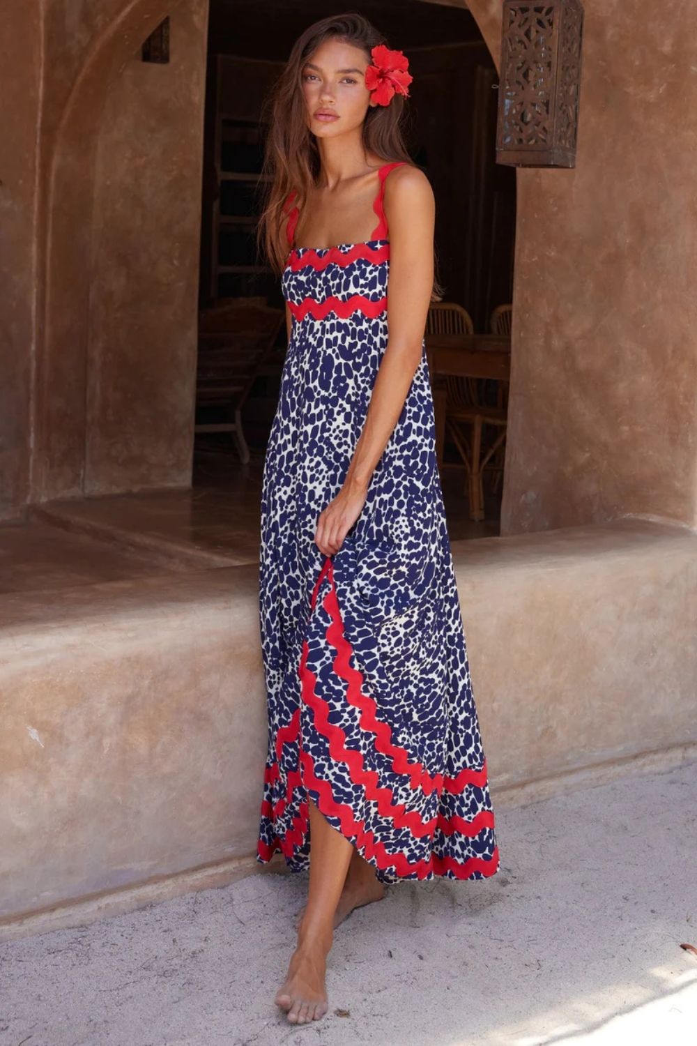 Printed Square Neck Wide Strap Maxi Dress - felvior