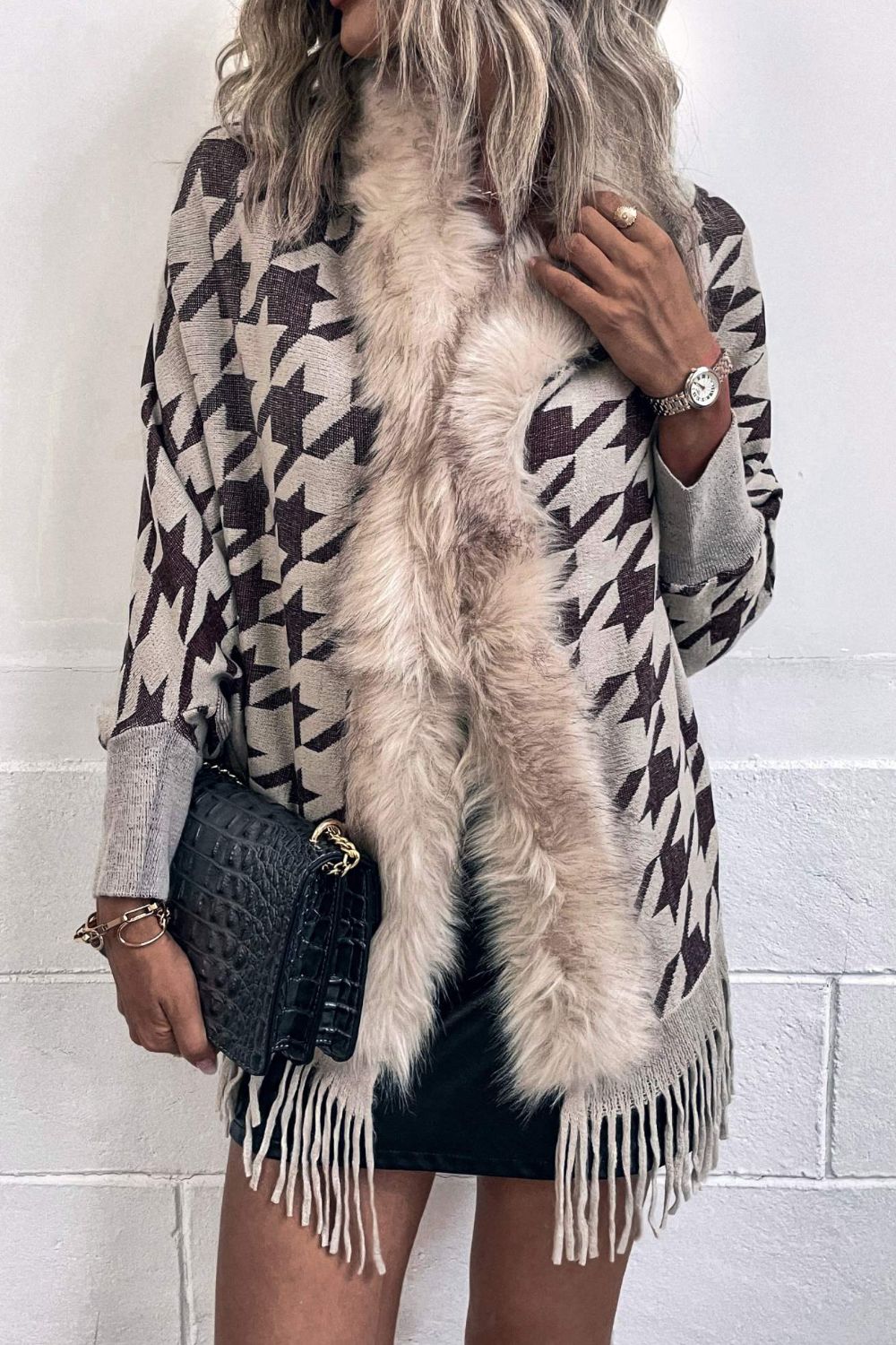 Houndstooth Fringe Hem Poncho - felvior