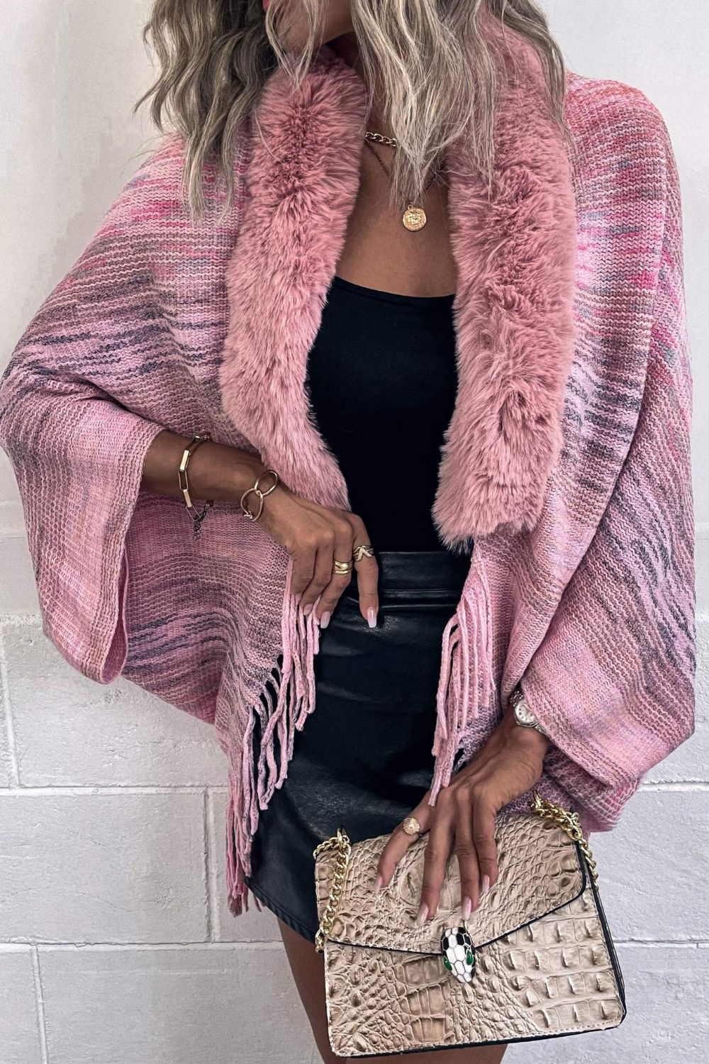 Open Front Fringe Hem Poncho - felvior
