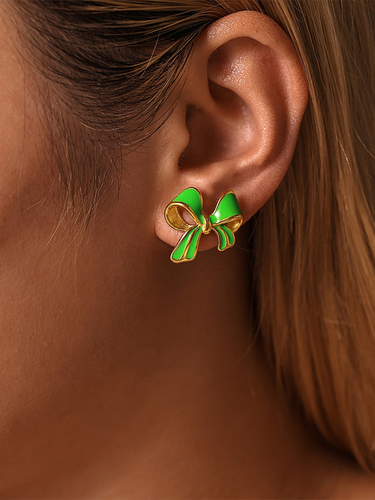 Stainless Steel Oil Drip Bow Stud Earrings - felvior
