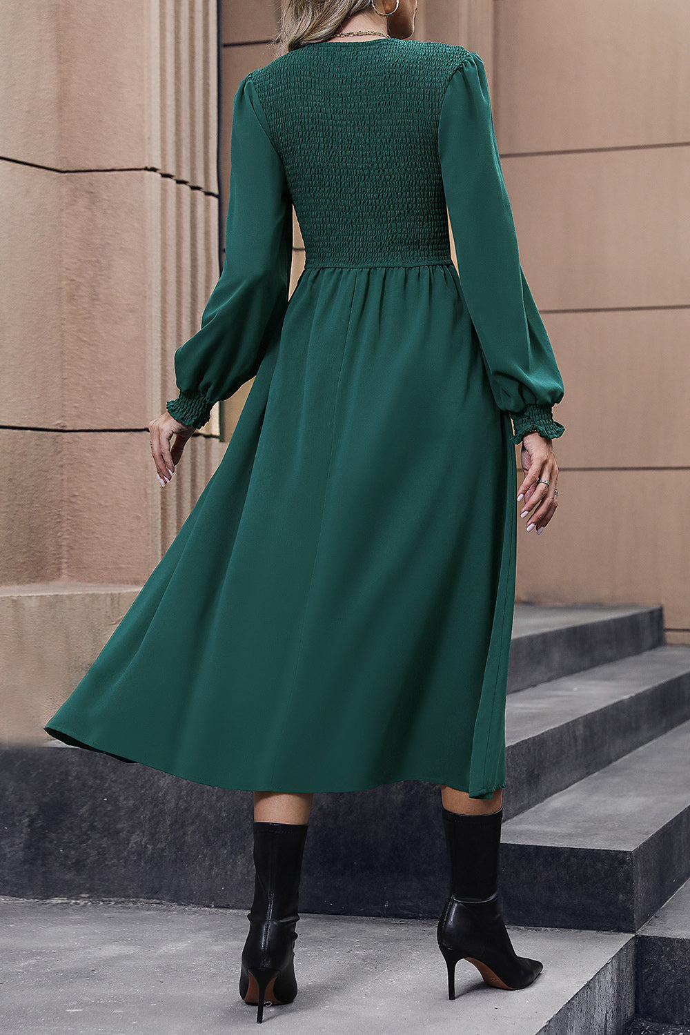 Perfee Smocked Long Sleeve Midi Dress - felvior