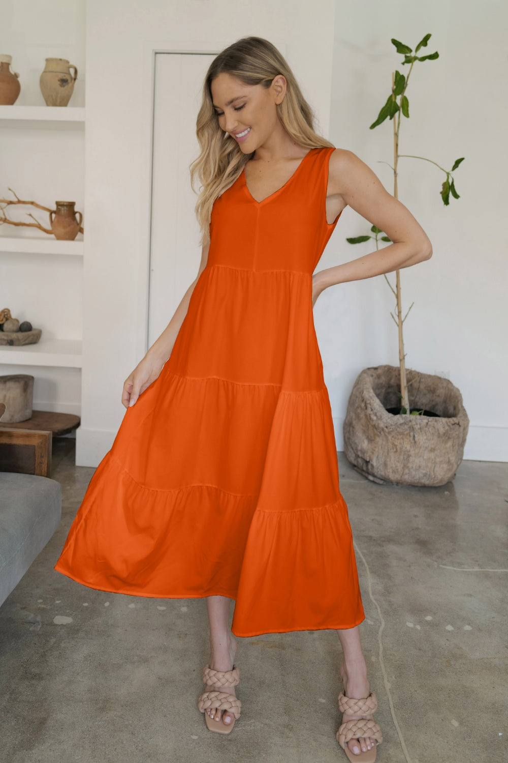 FAM-FAM Tiered V-Neck Sleeveless Dress - felvior