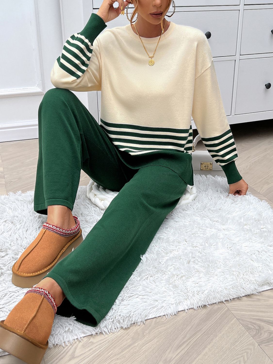 Devine Slit Striped Round Neck Top and Pants Sweater Set - felvior
