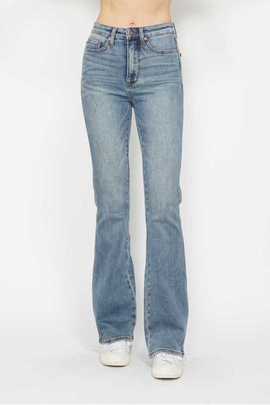 Judy Blue Full Size Tummy Control Back Embroidered Pocketed Bootcut Jeans Plus Size - felvior