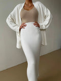 Pocketed Long Sleeve Cardigan and Skirt Sweater Set - felvior