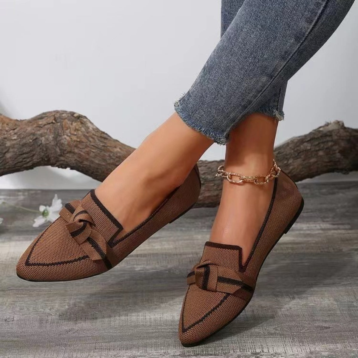 Bow Contrast Trim Point Toe Loafers - felvior