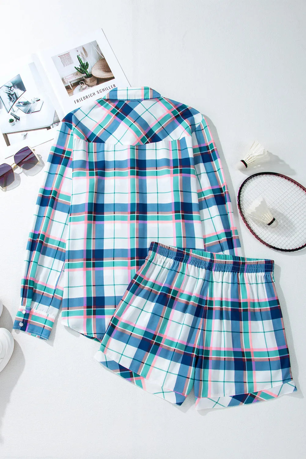 Plaid Snap Down Long Sleeve Top and Shorts Lounge Set - felvior