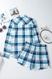 Plaid Snap Down Long Sleeve Top and Shorts Lounge Set - felvior