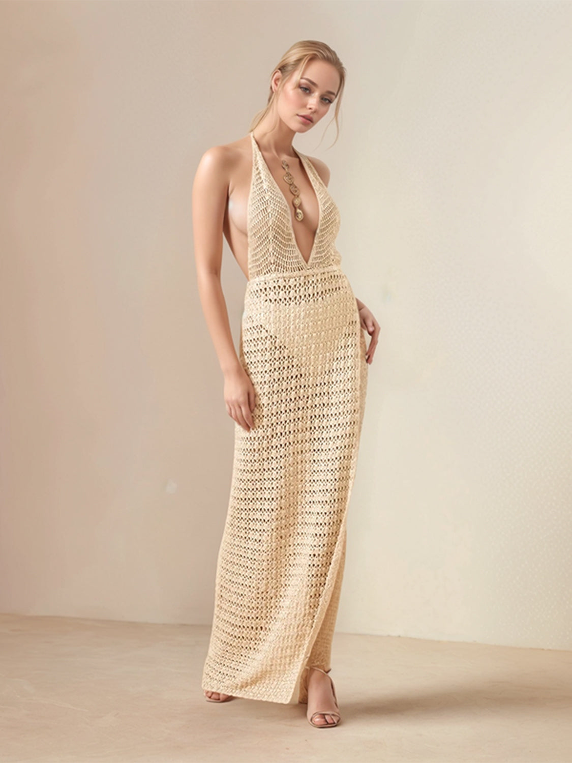 Hollow Out Halter Neck Cover-Up Dress - felvior