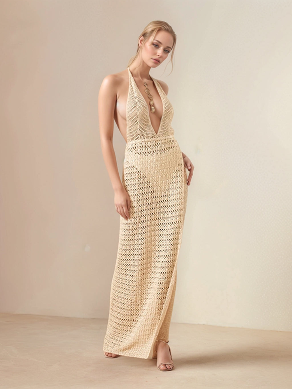 Hollow Out Halter Neck Cover-Up Dress