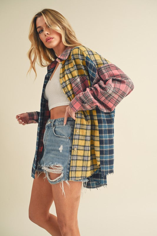Aemi + Co Frayed Hem Color Block Plaid Drop Shoulder Shirt - felvior