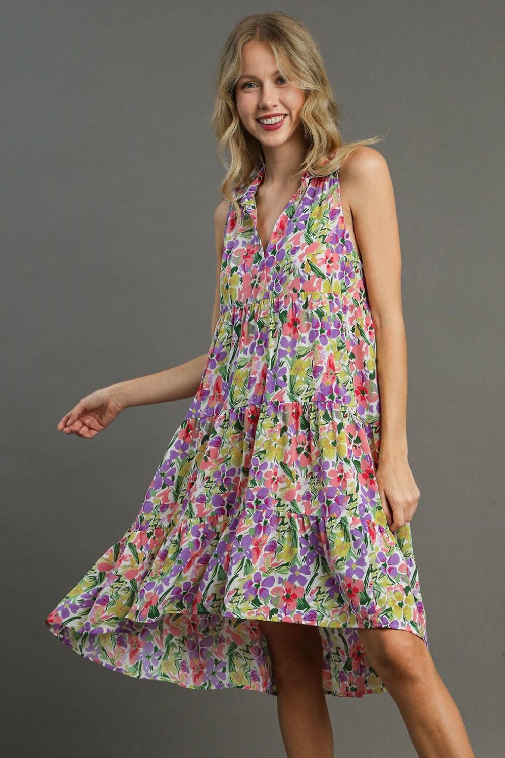 Umgee Full Size High-Low Hem Floral Sleeveless Tiered Dress Plus Size Main image