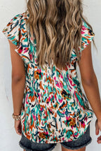 Abstract Print Ruffle Sleeve Blouse