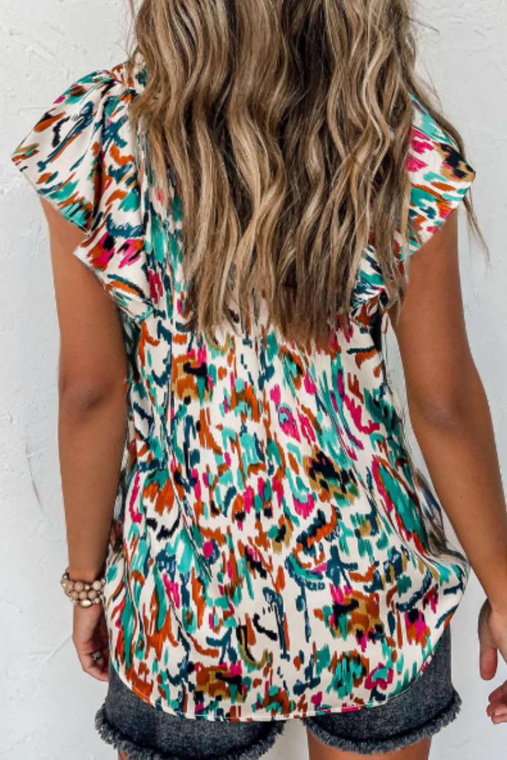 Abstract Print Ruffle Sleeve Blouse