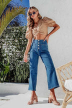 Button Fly Cropped Wide Leg Jeans