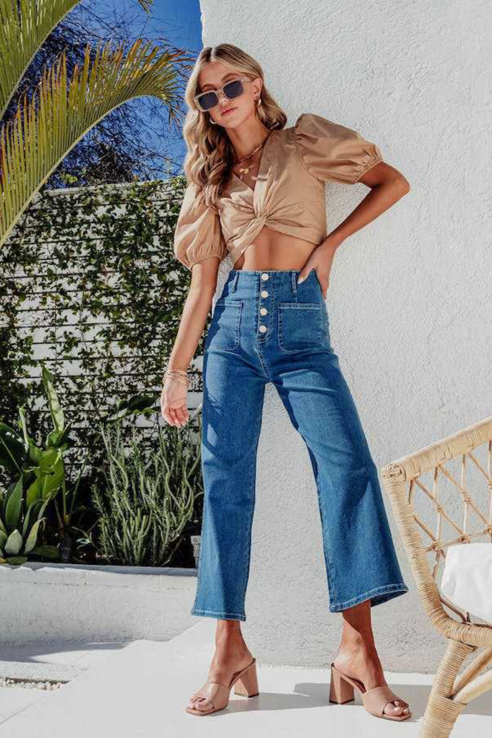 Button Fly Cropped Wide Leg Jeans