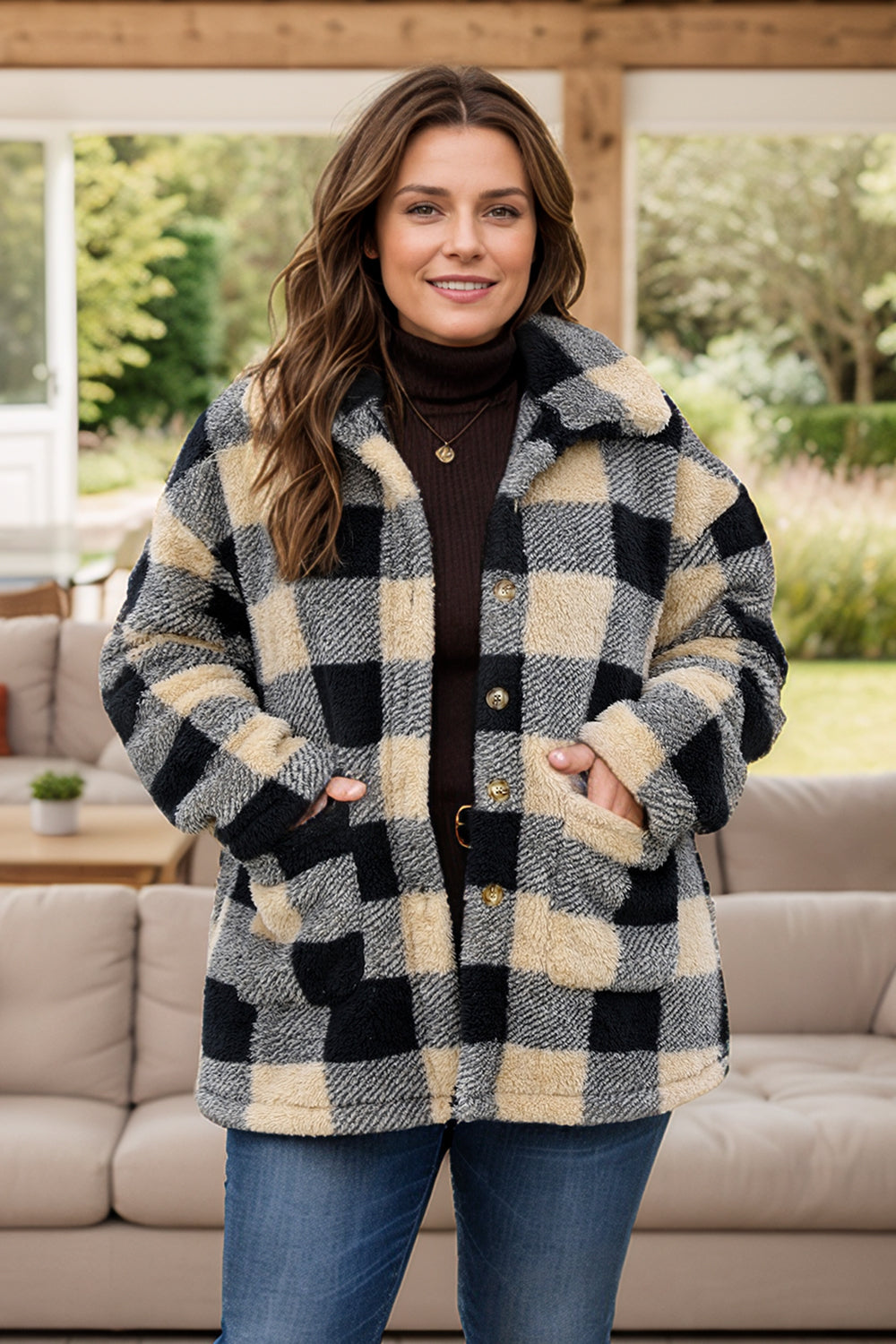 Plus Size Plaid Button Up Long Sleeve Coat Image principale du produit
