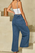 Adjustable Tie Straps Wide Leg Denim Overalls