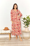 Double Take Floral Frill Trim Flounce Sleeve Plunge Maxi Dress - felvior