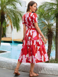 Printed Round Neck Flounce Sleeve Midi Dress - felvior