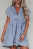 Lapel Neck Cap Sleeve Denim Babydoll Dress - felvior