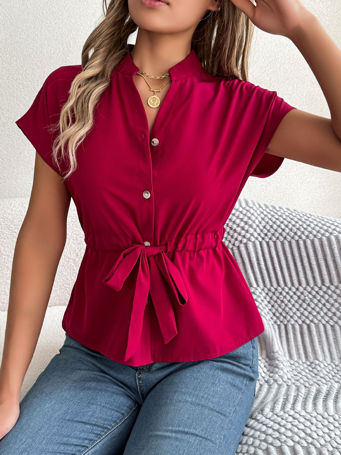 Notched Short Sleeve Blouse - felvior