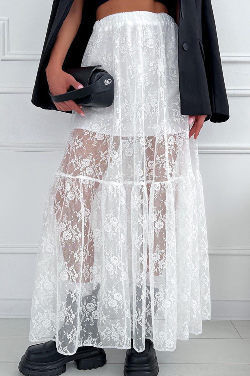 Lace Elastic Waist Maxi Skirt - felvior