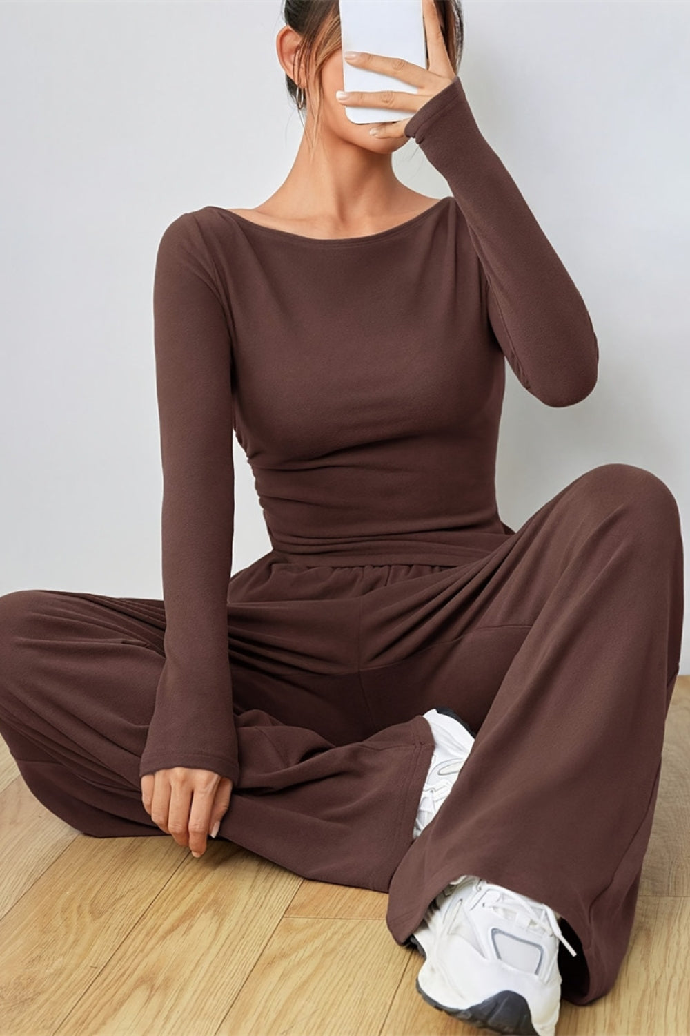 Boat Neck Long Sleeve Top and Pants Set - felvior