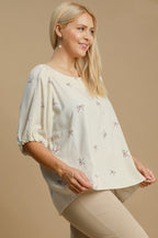 Umgee Full Size Linen Blend Ribbon Embroidered Top Plus Size