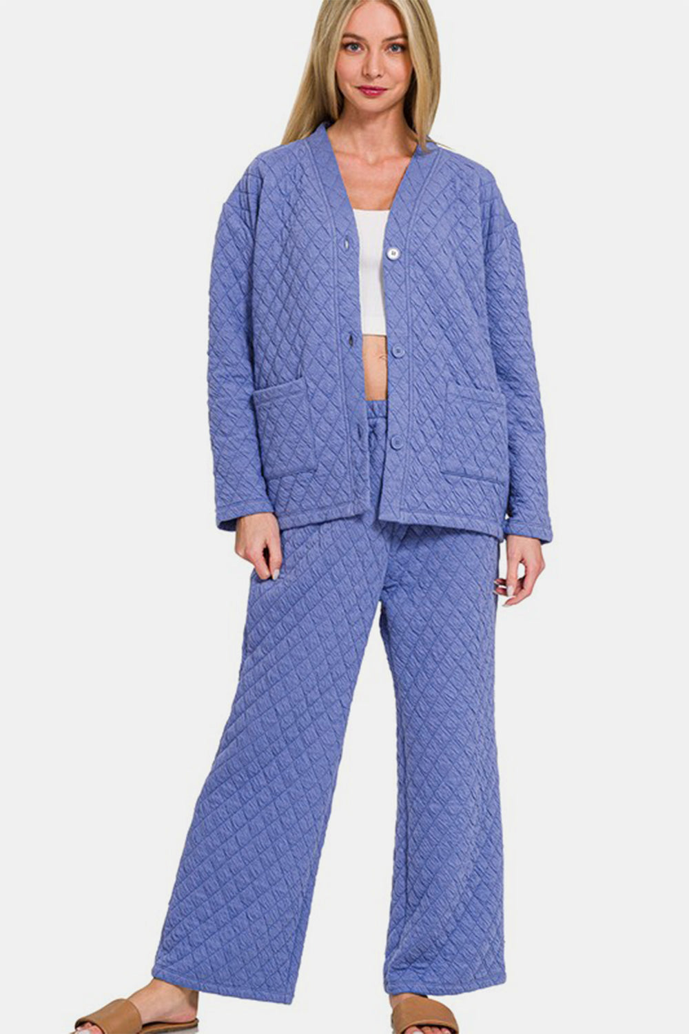 Zenana Quilted Button Up Long Sleeve Top and Pants Lounge Set - felvior
