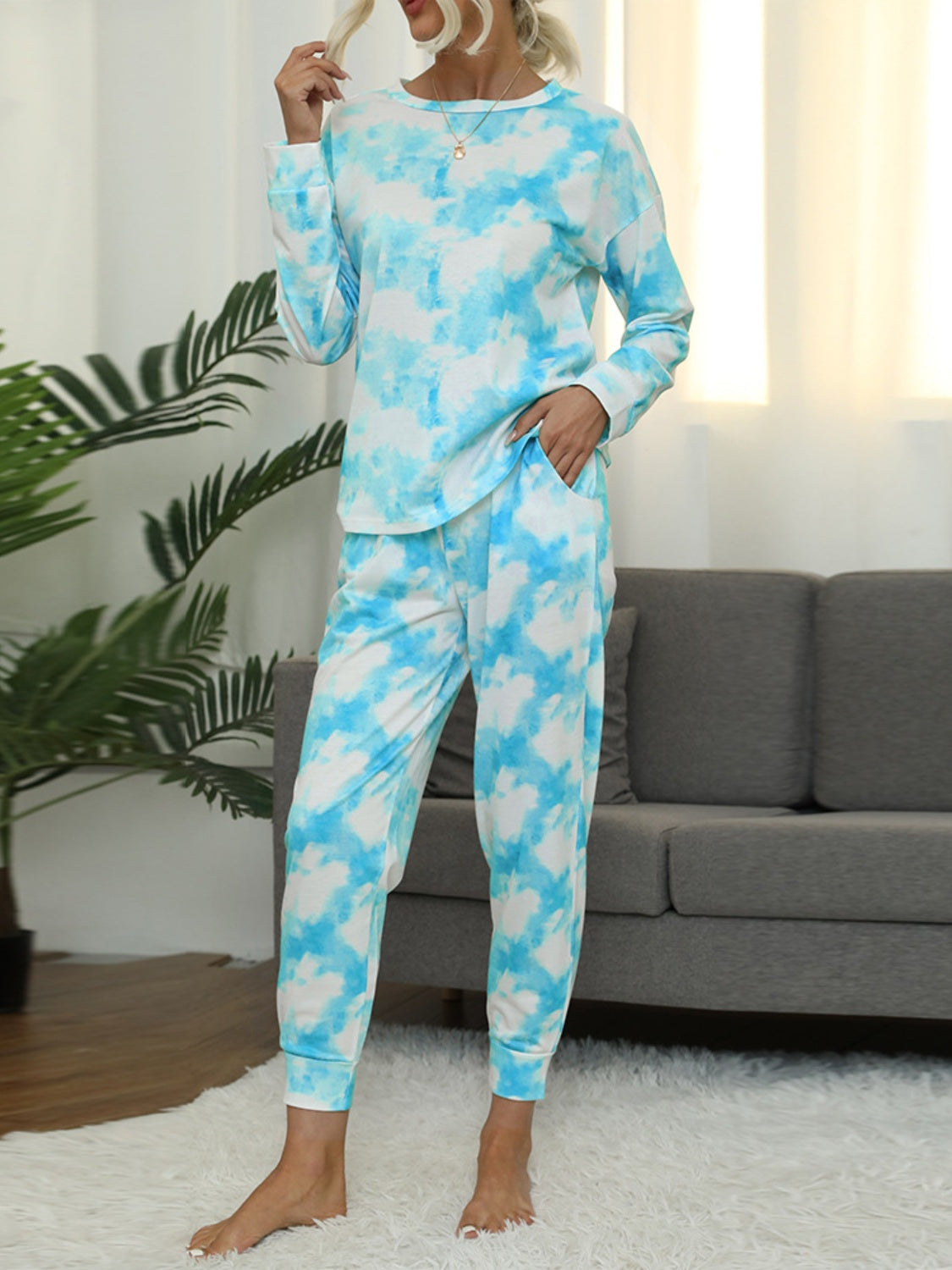 Shiny Tie-Dye Round Neck Top and Pants Lounge Set - felvior