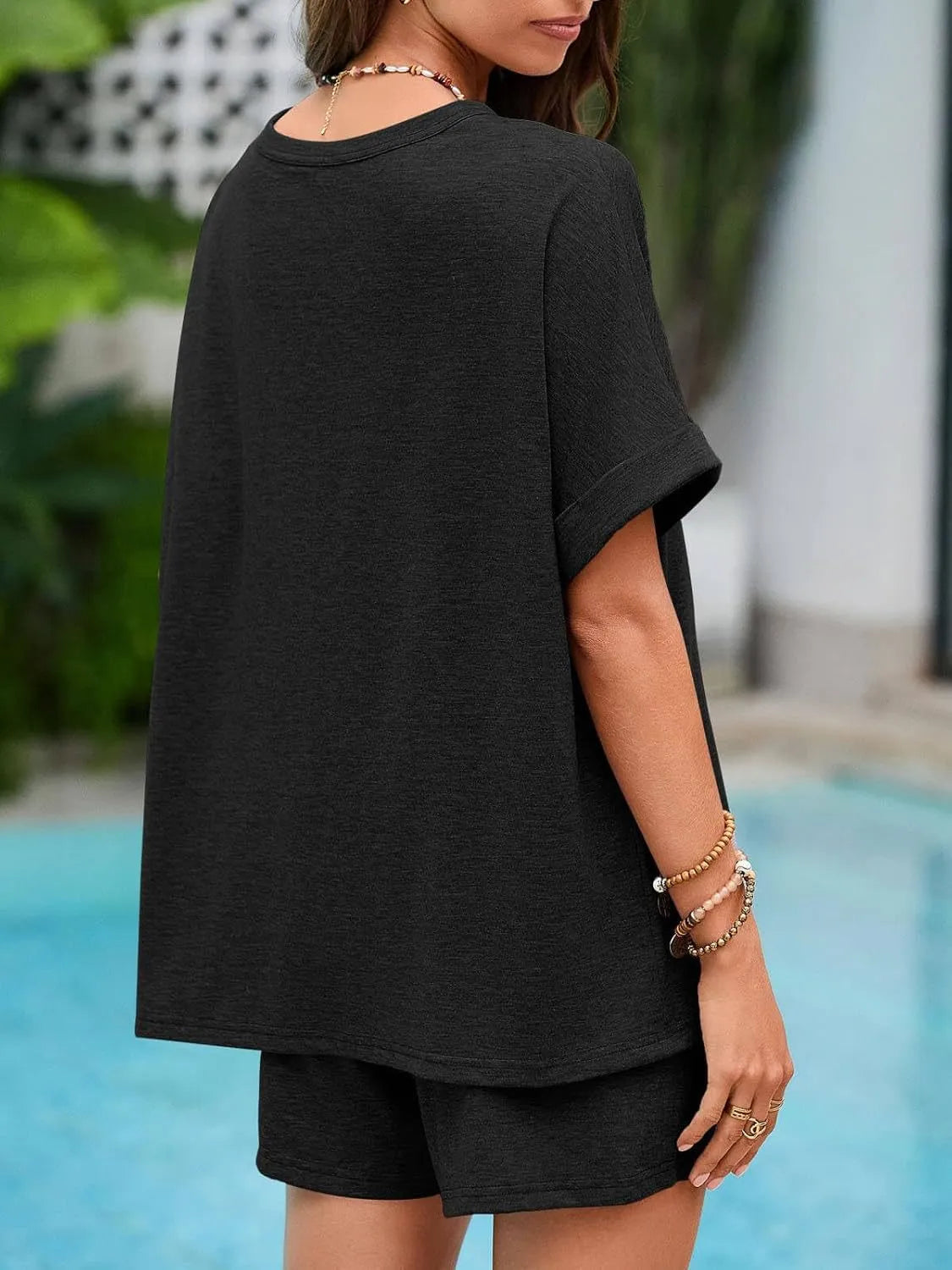 Round Neck Short Sleeve Top and Shorts Set - felvior