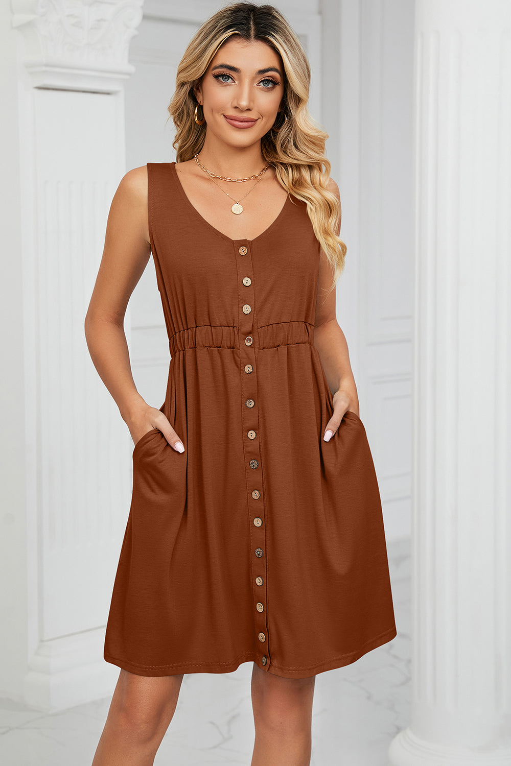 Buttoned Wide Strap Mini Dress - felvior