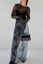 Fringe Round Neck Long Sleeve Lace Sheer Top