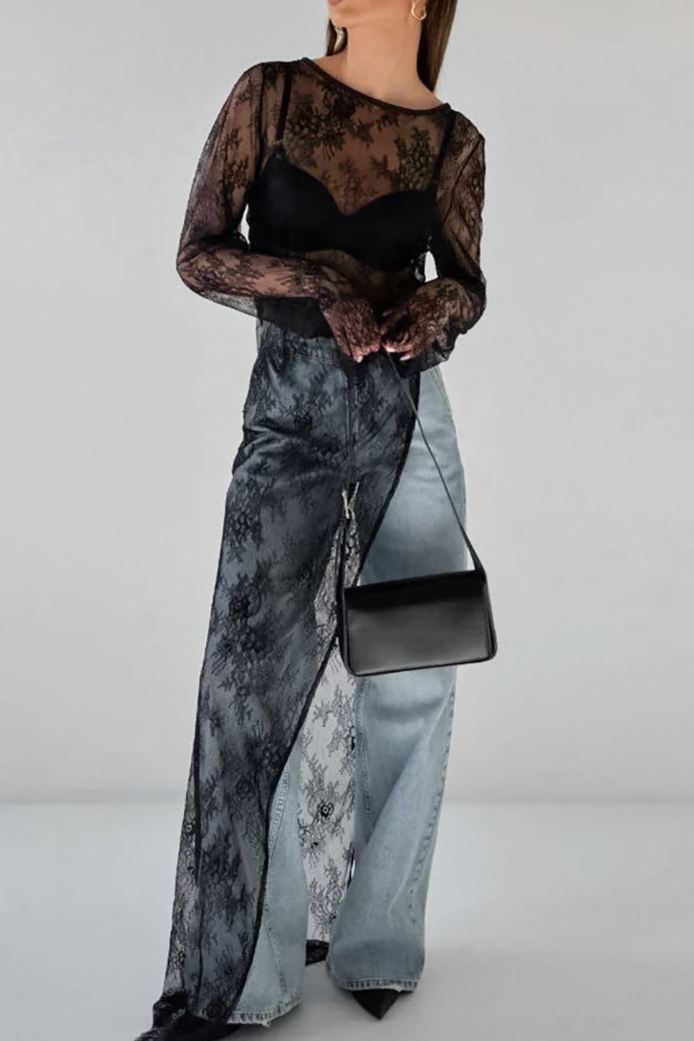 Fringe Round Neck Long Sleeve Lace Sheer Top