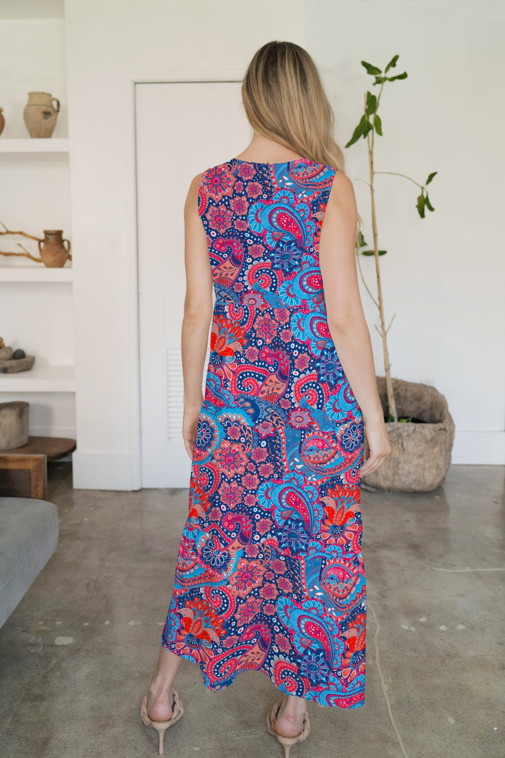 FAM-FAM Tiered Printed V-Neck Sleeveless Dress - felvior