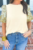 Floral Puff Sleeve Ribbed Blouse - felvior