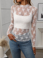 Floral Mock Neck Long Sleeve Mesh Top