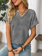 Striped Notched Short Sleeve T-Shirt
