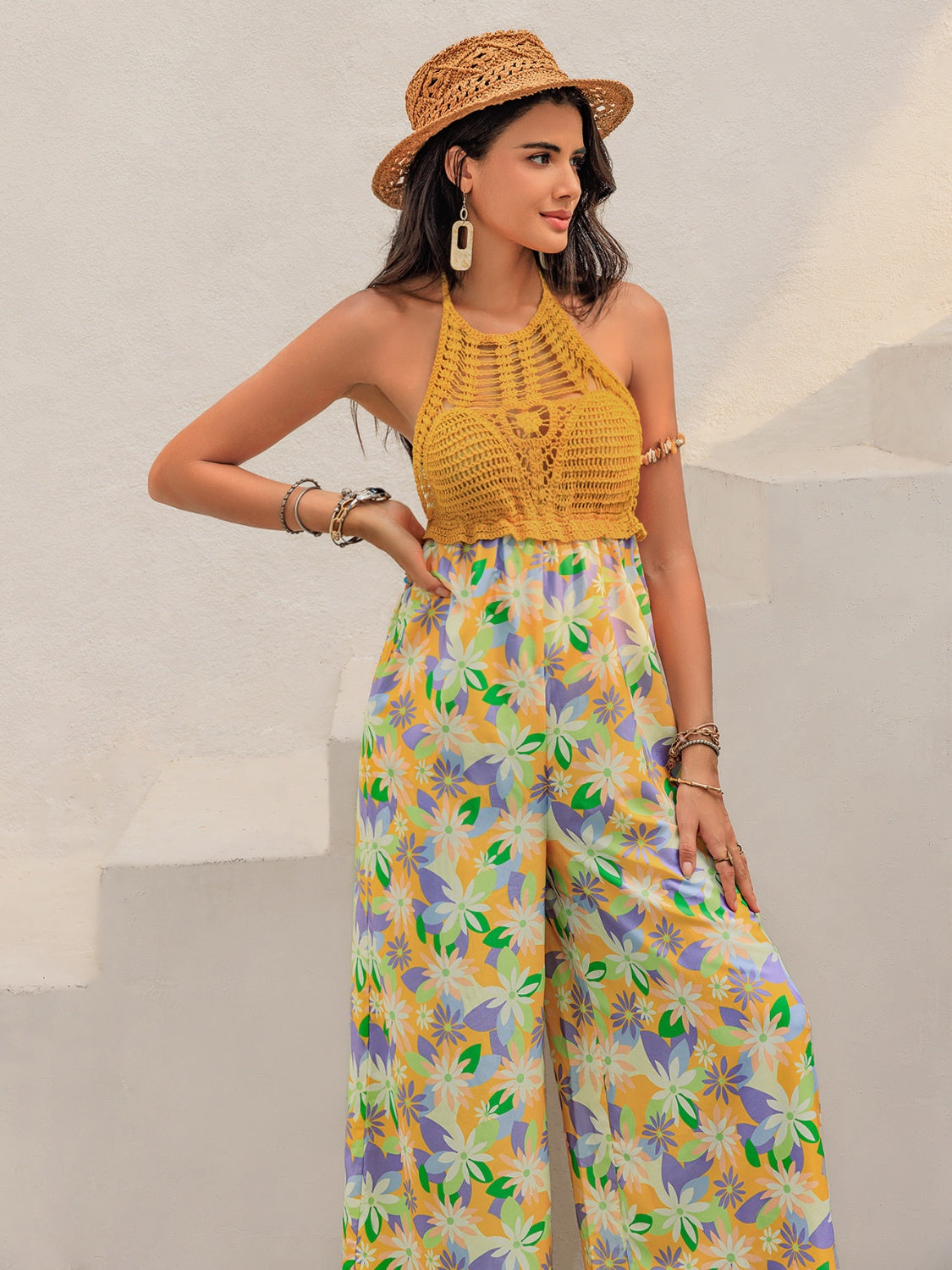 Openwork Halter Neck Floral Wide Leg Jumpsuit
