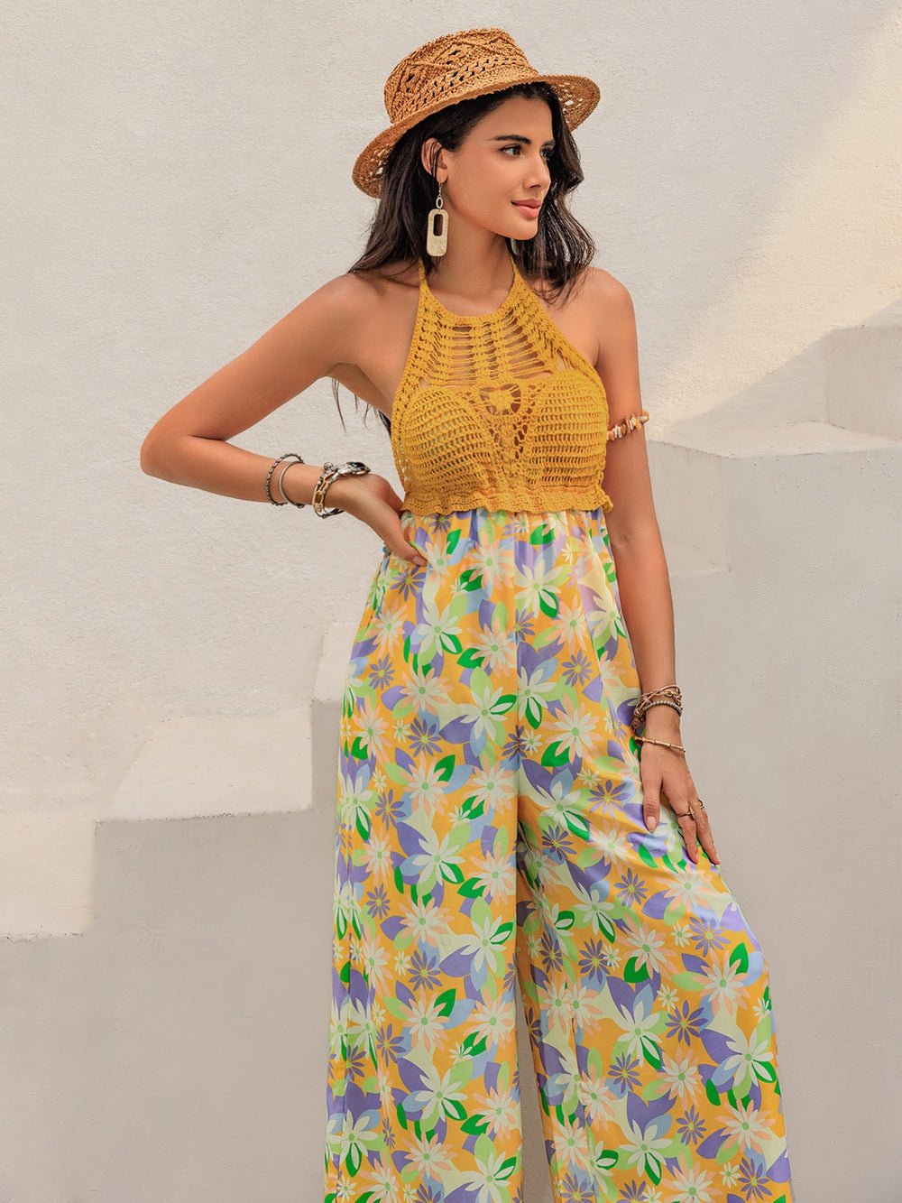 Openwork Halter Neck Floral Wide Leg Jumpsuit
