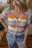 Contrast Striped V Neck Short Sleeve Pointelle Knit Top - felvior