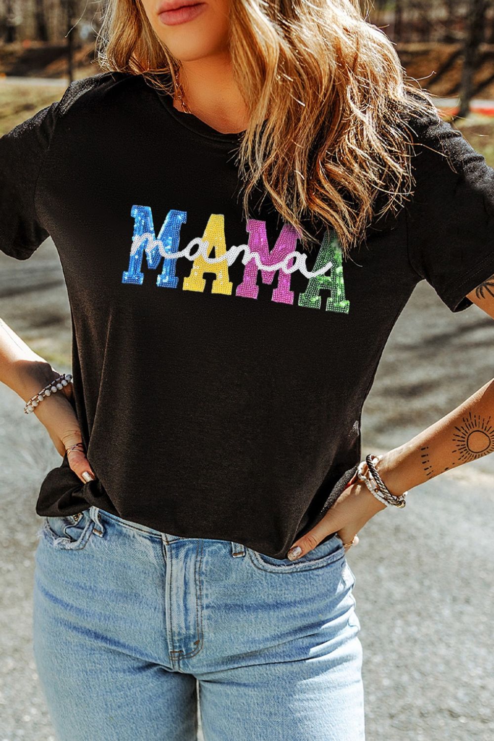 Sequin MAMA Round Neck Short Sleeve T-Shirt