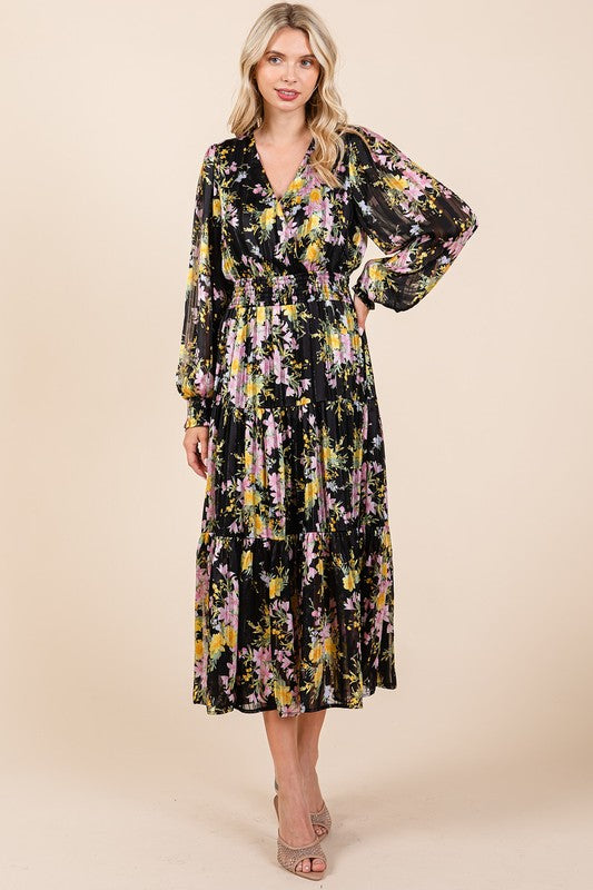 Mittoshop Flower Print Satin Lurex Stripe Smocked Midi Dress - felvior
